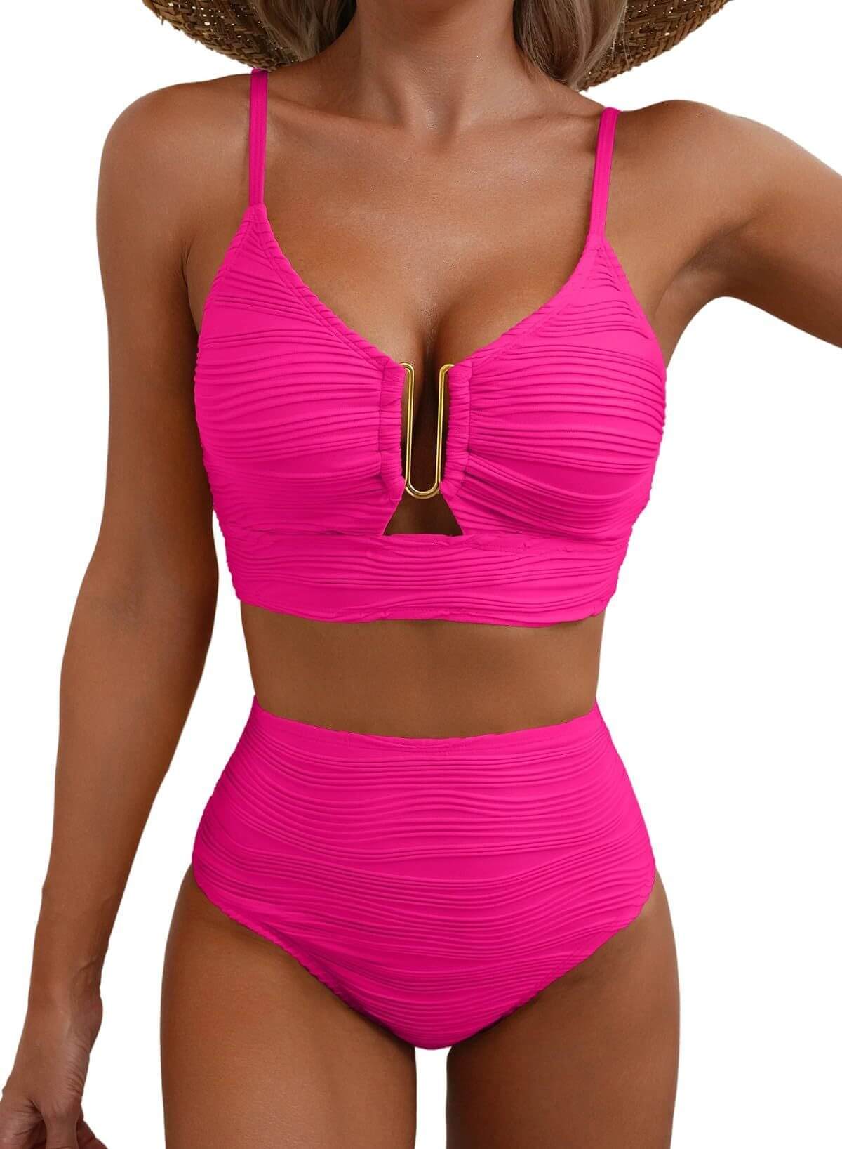Women's swimwear in bright pink with a V-neck and high waist design, perfect for summer beach outings.