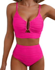 Women's swimwear in bright pink with a V-neck and high waist design, perfect for summer beach outings.