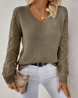 Solid V-neck Pullover Sweater With Hollow Long Sleeve Fashion Tops For Women Clothing