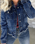 Navy Blue Ruffle Raw Hem Flap Pockets Denim Jacket