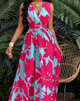 Print Deep V Neckline Cinched Waist Fit And Flare Dress Maxi Women Outfit