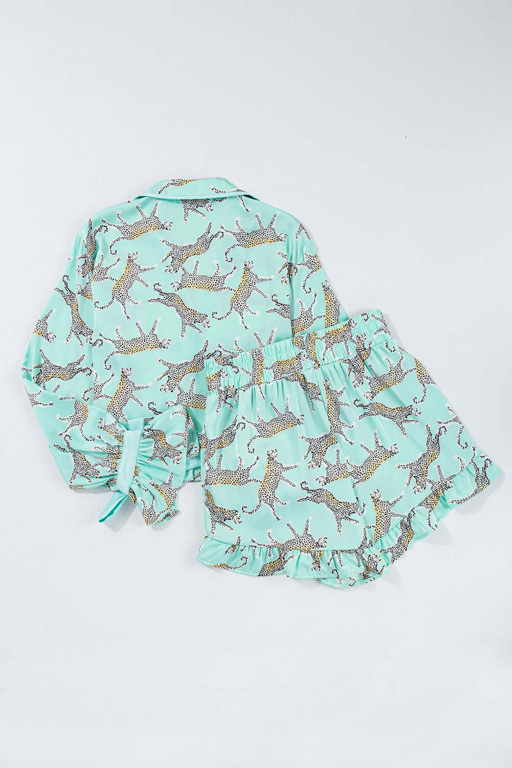 Green Leopard Satin Ruffle Pajama Short Set - Little Miss Vanilla