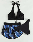3pcs Leaf Print Bikini With Shorts Fashion Summer Beach Swimsuit Womens Clothing