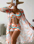 3pcs Pring Bikini With Long Sleeve Cardigan Fashion Summer Beach Swimsuit Women