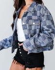 Light Blue Checkered Patchwork Button up Denim Jacket