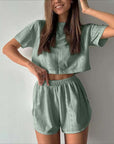 2pcs Casual Hollow Suit With Short-sleeved Crop Top And Elastic Slit Shorts Summer Fashion Sport Clothing For Women