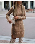 Fashion Turtleneck Knitted Dress With Slit Design Winter Warm Solid Color Pullover Long Sweater Women's Clothing
