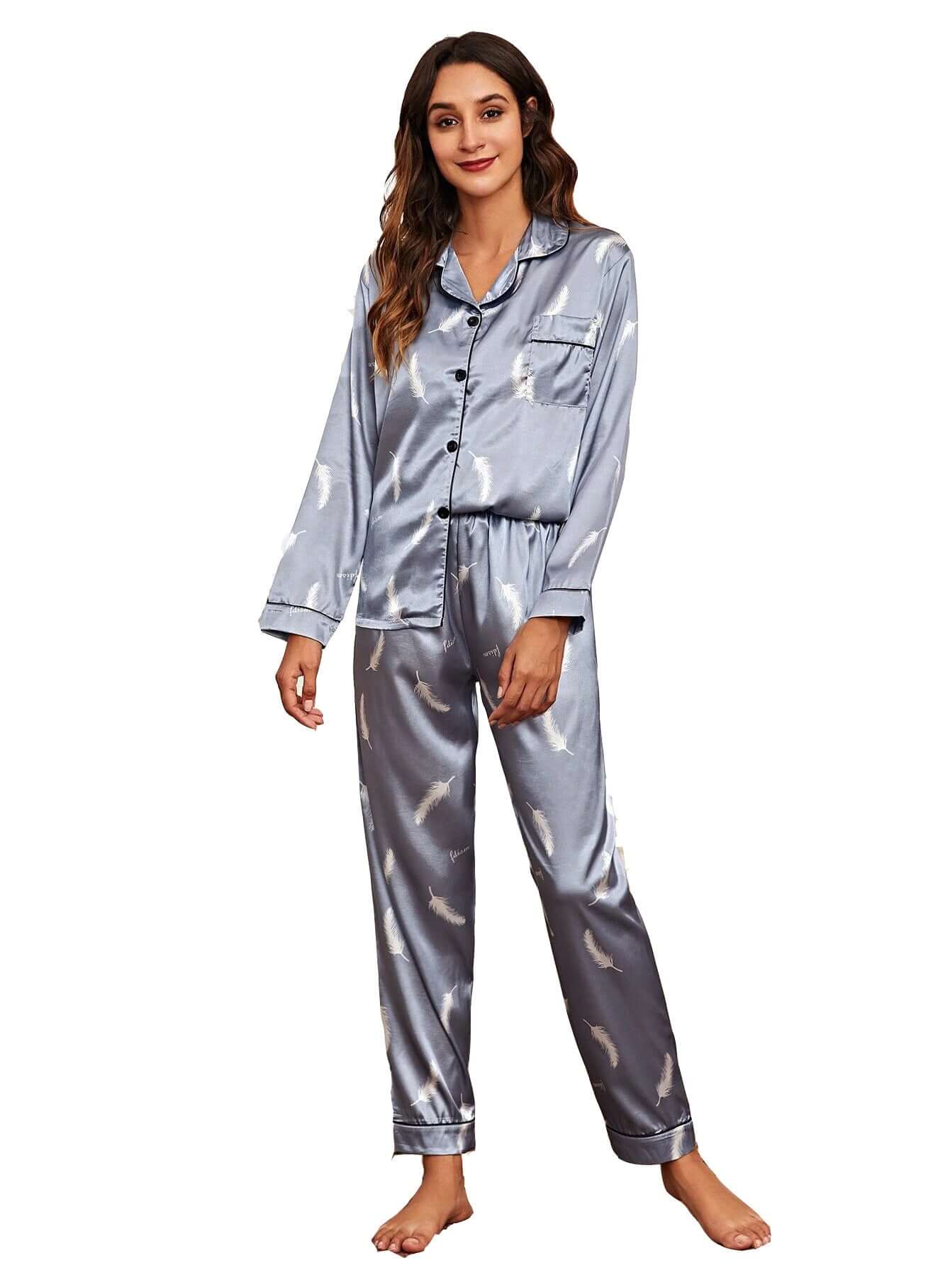 Two-piece stretch satin pajamas for women, featuring a lapel collar and V-neck design, ideal for comfortable home wear.