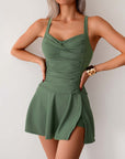 Women's summer split swimsuit in army green, sleeveless design with flared skirt, plus size swimwear.