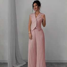 Summer Sleeveless Suit Fashion Lapel Button Vest Top And Pleated Straight Pants Women's Trousers Set Clothing