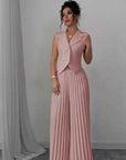 Summer Sleeveless Suit Fashion Lapel Button Vest Top And Pleated Straight Pants Women's Trousers Set Clothing