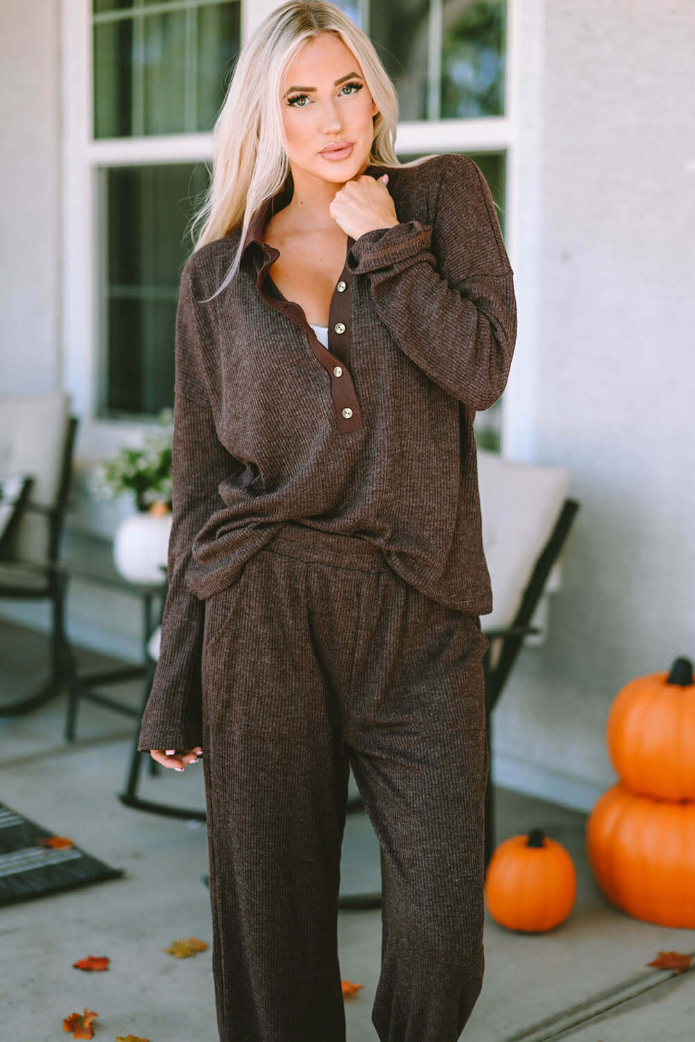 Brown Ribbed Knit Collared Henley Top and Pants Lounge Outfit - Little Miss Vanilla