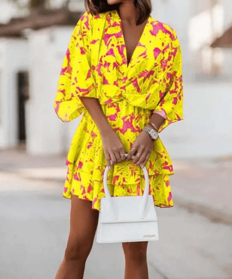 Fashion Print V-Neck Doll Sleeve Loose Cake Dress