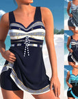 Plus size women's swimwear featuring a stylish split skirt bikini swimsuit in navy and turquoise designs.