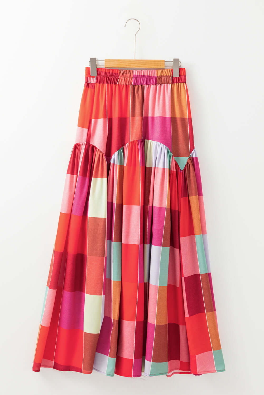 Multicolour Plaid Print Ruched High Waist Casual Maxi Skirt