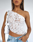 Ins Lace Backless Top Summer Solid Color Waistless Asymmetrical Sloped Neck Vest Streetwear Womens Clothes