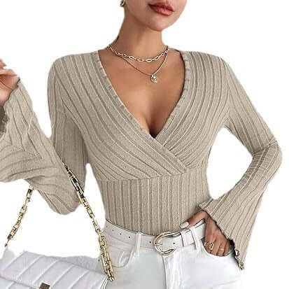Women's Autumn And Winter Rib Sunken Stripe V-neck Slim-fit Long Sleeve T-shirt Women's Top