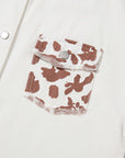 White Cow Spot Patchwork Flap Pocket Distressed Hem Long Denim Jacket