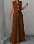 Summer Sleeveless Suit Fashion Lapel Button Vest Top And Pleated Straight Pants Women's Trousers Set Clothing