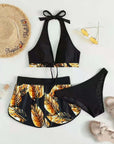 3pcs Leaf Print Bikini With Shorts Fashion Summer Beach Swimsuit Womens Clothing