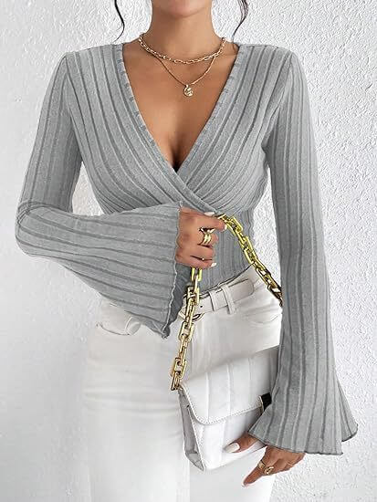 Women's Autumn And Winter Rib Sunken Stripe V-neck Slim-fit Long Sleeve T-shirt Women's Top