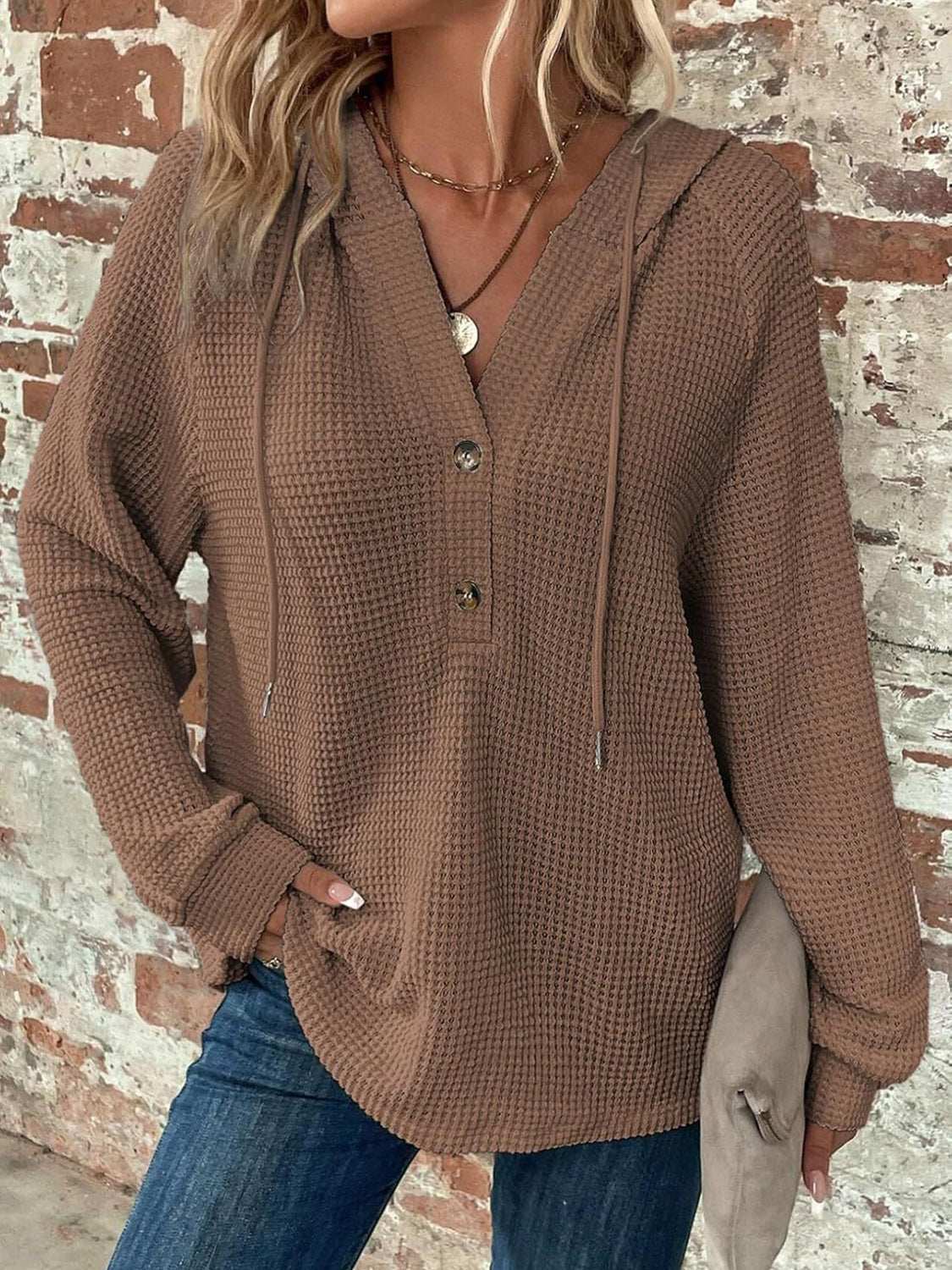Waffle Knit Long Sleeve Drawstring Hooded Top - Little Miss Vanilla