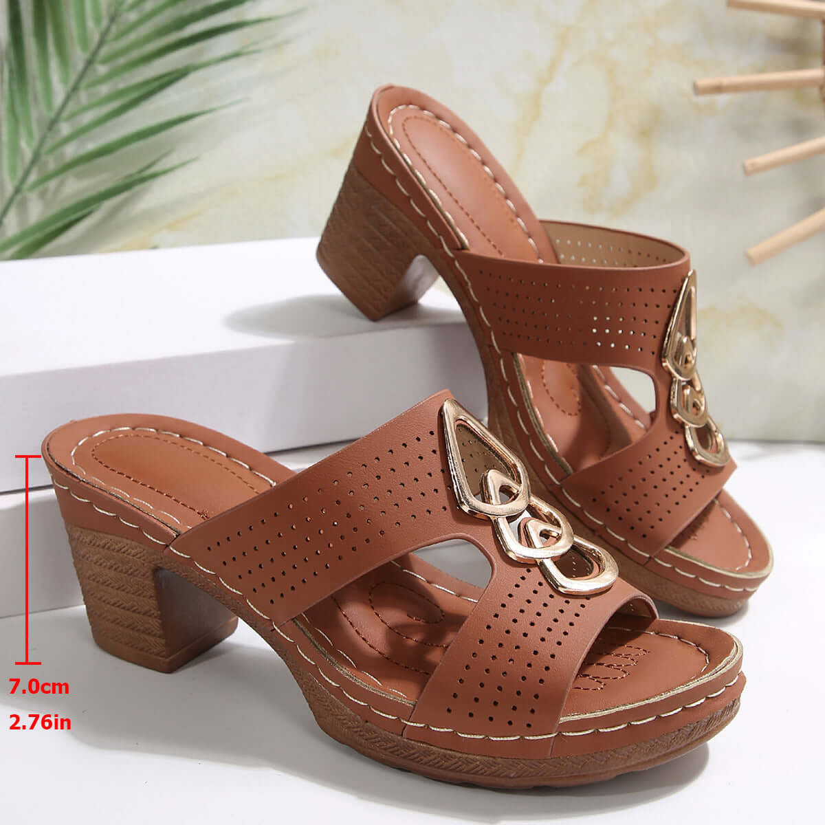 Brown wedge platform slippers with chunky heel and fish mouth design for women's daily wear.