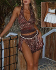 Lace Halter Deep V-neck Suits Fashion Split Skirt Summer Beach Leopard Set For Women Clothing