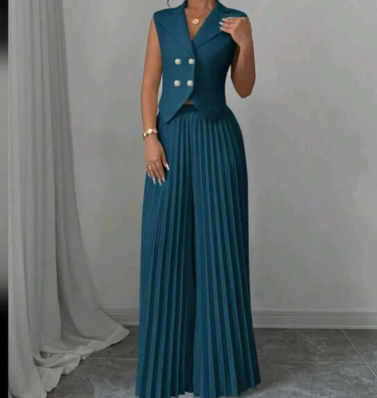 Summer Sleeveless Suit Fashion Lapel Button Vest Top And Pleated Straight Pants Women's Trousers Set Clothing