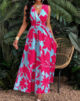 Print Deep V Neckline Cinched Waist Fit And Flare Dress Maxi Women Outfit