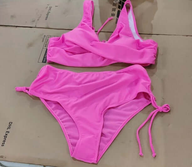Fashion strappy bikini swimsuit for women in vibrant rose pink, designed for comfort and style, perfect for summer wear.