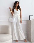 V-neck Sleeveless Jumpsuit With Belt Design Summer Fashion Trousers Women's Clothing