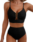 Black V-neck hollow high waist bikini swimsuit for women, sleeveless design, stylish and comfortable women's swimwear.