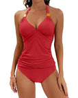 Women's red halter tie two piece swimsuit, perfect for summer beach days and pool parties.