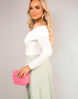 Off Shoulder Long Sleeve Draped Top with Wrap Front Detail