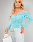 Off Shoulder Long Sleeve Draped Top with Wrap Front Detail