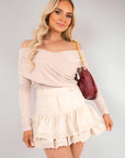 Off Shoulder Long Sleeve Draped Top with Wrap Front Detail