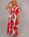 Floral V Neck Short Sleeve Maxi Dress with Tie Waist