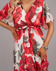 Floral V Neck Short Sleeve Maxi Dress with Tie Waist