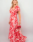 Printed Short Sleeve Button Down V-Neck Maxi Dress