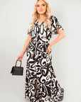 Printed Short Sleeve Button Down V-Neck Maxi Dress