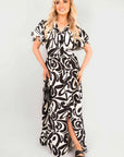 Printed Short Sleeve Button Down V-Neck Maxi Dress