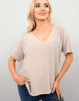 Short Sleeve V-Neck Oversized Rhinestone Heart Detail Top