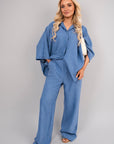 Button Down Long Sleeve Shirt and Wide Leg Trousers Co-ord Set