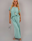Ribbed Short Sleeve Top and Wide Leg Trouser Co-ord Set