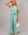 Ribbed Short Sleeve Top and Wide Leg Trouser Co-ord Set