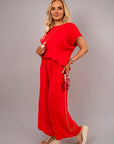 Ribbed Short Sleeve Top and Wide Leg Trouser Co-ord Set