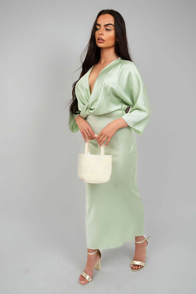 V-Neck Twist Front Midi Dress