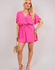 Wrap Front Short Sleeve Belted Playsuit with Elastic Waist