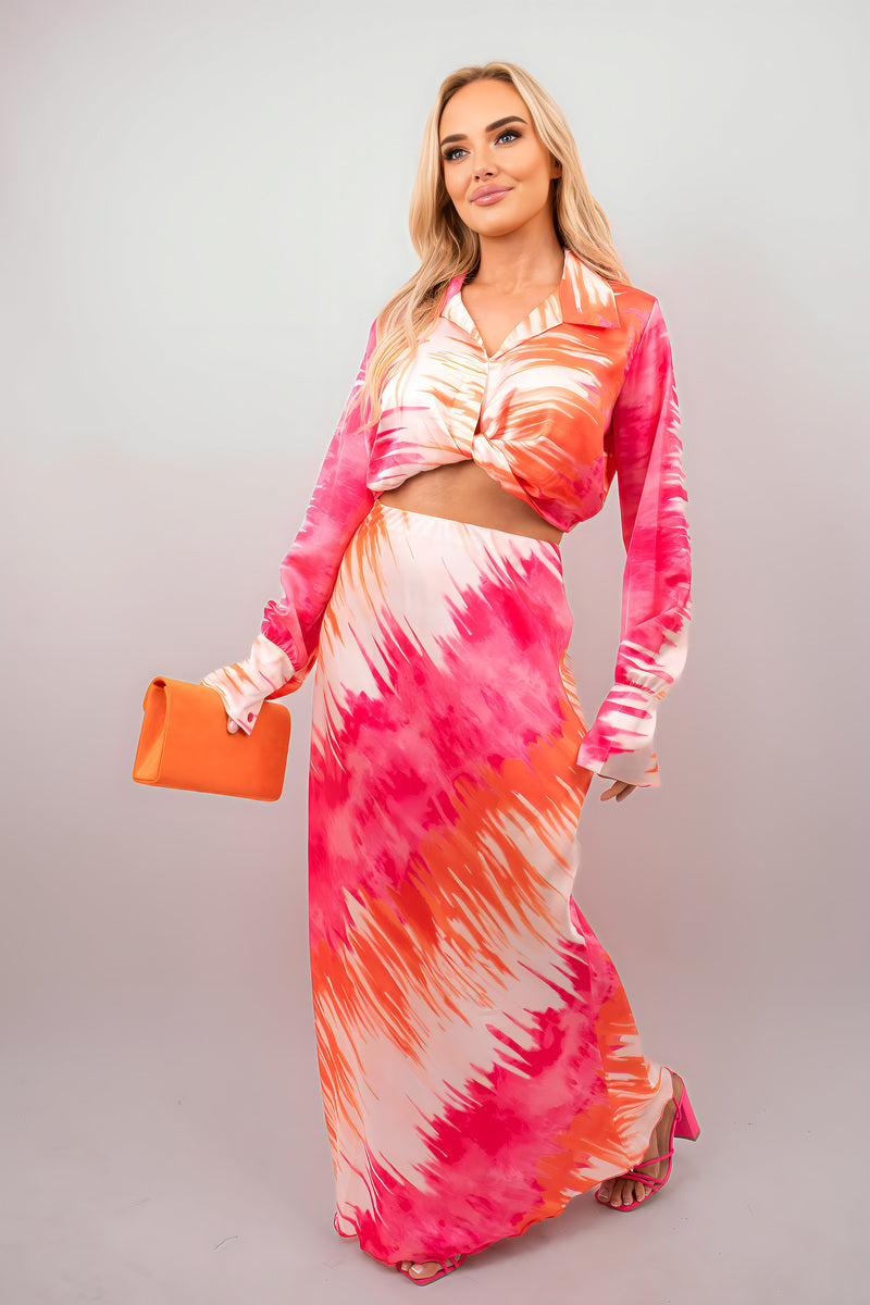 Printed Crop Long Sleeve Top and High Waisted Maxi Skirt Co-ord Set